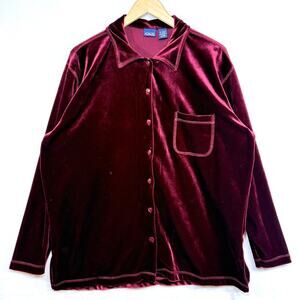 Vintage Honors L Burgundy Velvet Button‎ Down Shirt Y2K Soft Vamp Retro Lounge